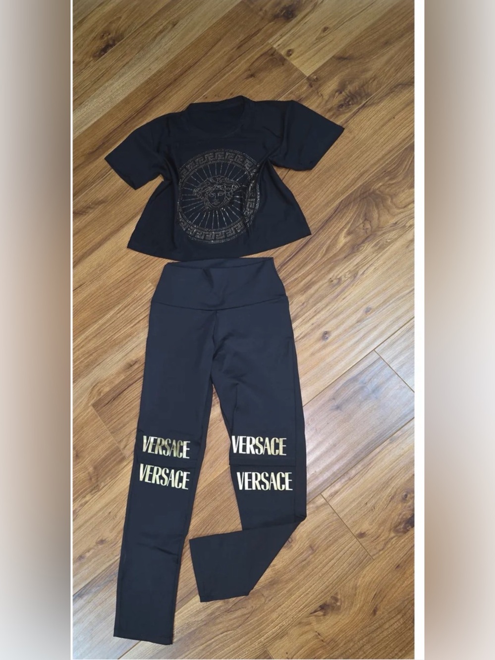 Black Leggings and Cropped Tee with Gold Logo Detail size S